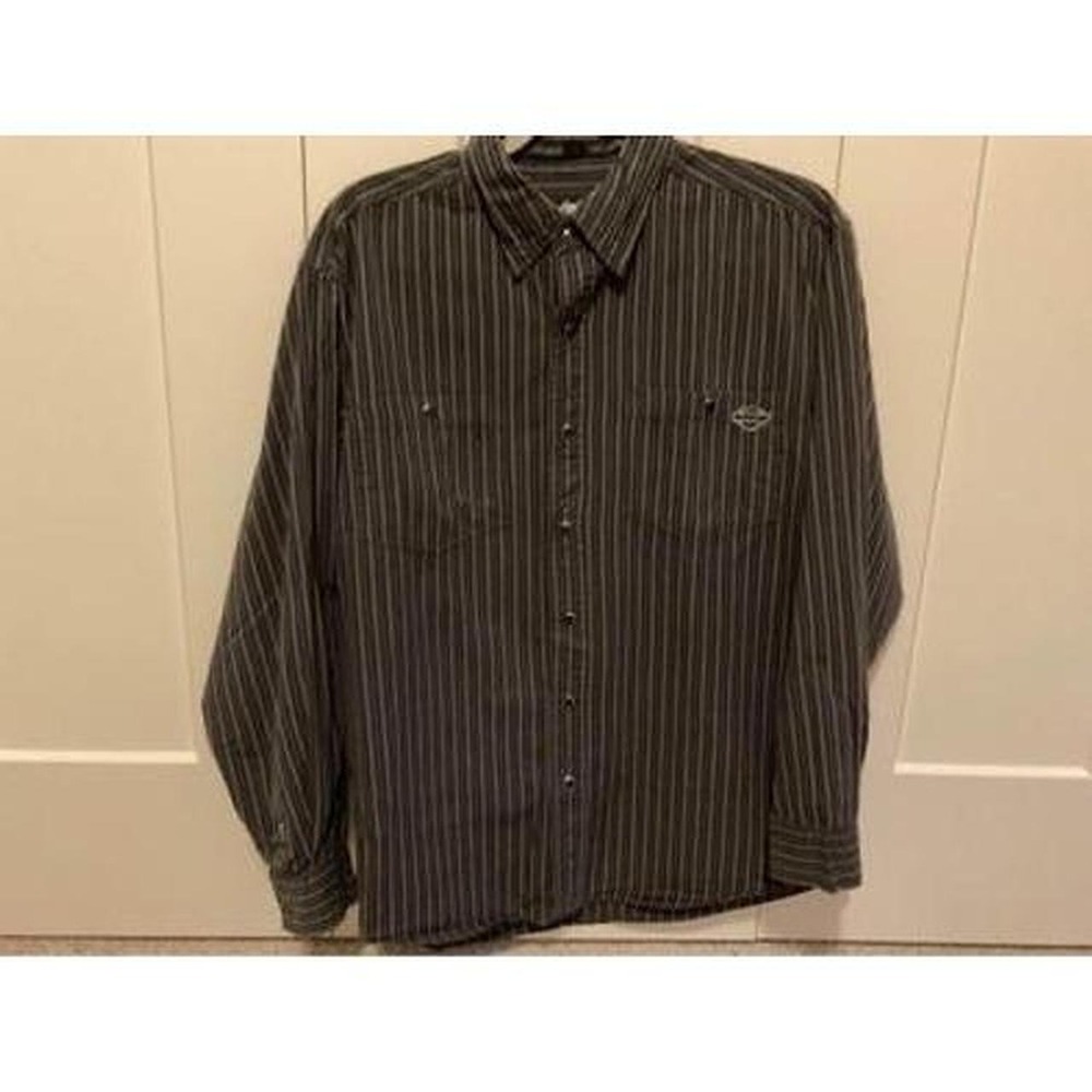 Harley-Davidson Mens Shirt Black Striped Black Pearl Snaps Medium Shirt S3